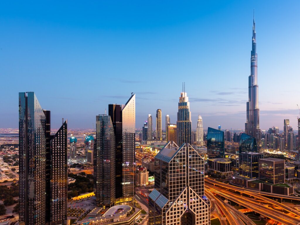 The view of Dubai skyline with Burj Khalifa at sunset, UAE.